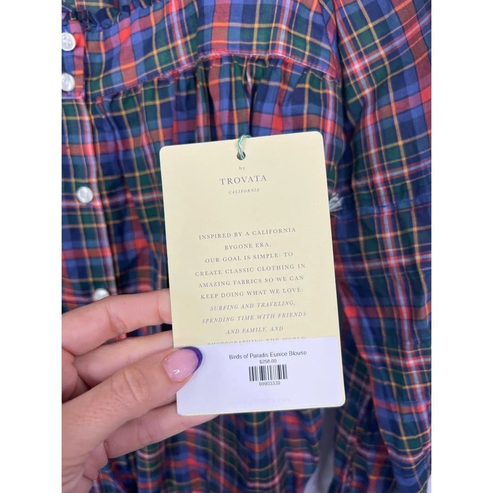Birds of Paradis Trovata Eunice Square Neckline Ruffle Blouse Trail Plaid M NWT - Picture 7 of 11